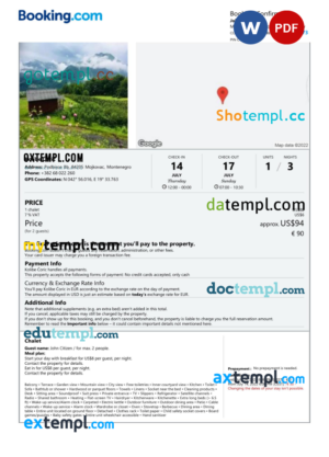 editable template, Montenegro hotel booking confirmation Word and PDF template, 2 pages