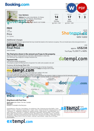 editable template, Mozambique hotel booking confirmation Word and PDF template, 2 pages