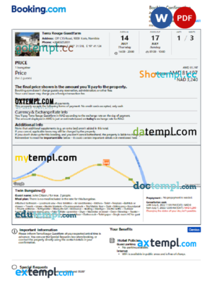 editable template, Namibia hotel booking confirmation Word and PDF template, 2 pages