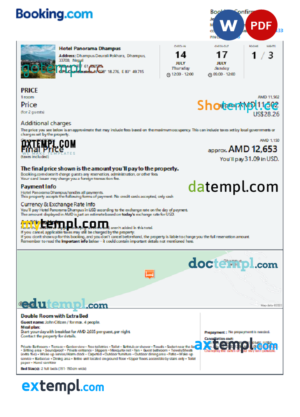editable template, Nepal hotel booking confirmation Word and PDF template, 2 pages