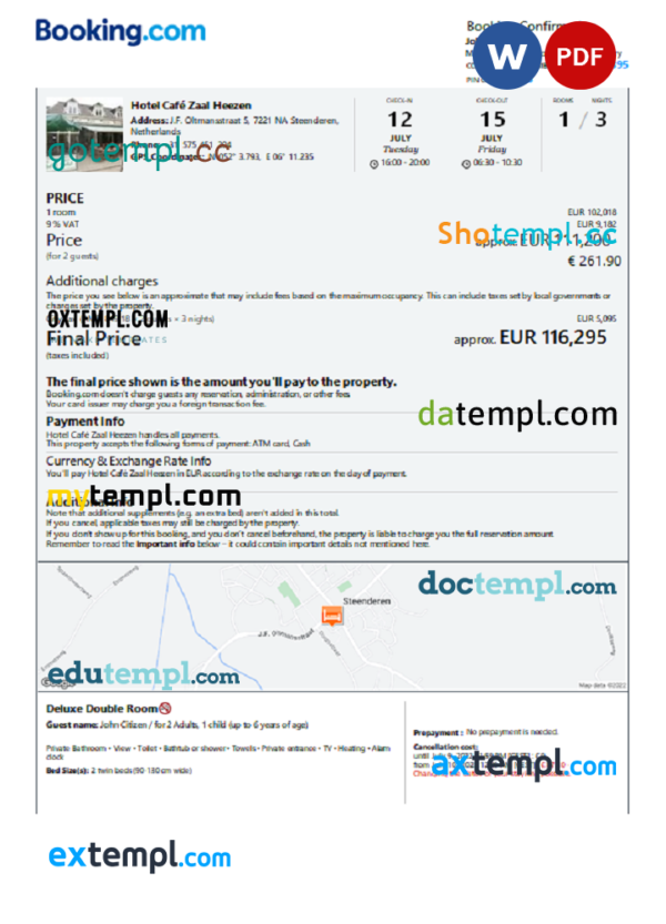 editable template, Netherlands hotel booking confirmation Word and PDF template, 2 pages