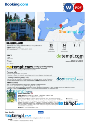 editable template, Antigua & Barbuda hotel booking confirmation Word and PDF template, 2 pages