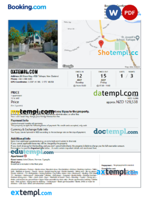 editable template, New Zealand hotel booking confirmation Word and PDF template, 2 pages