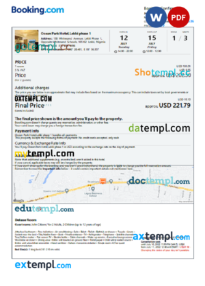 editable template, Nigeria hotel booking confirmation Word and PDF template, 2 pages
