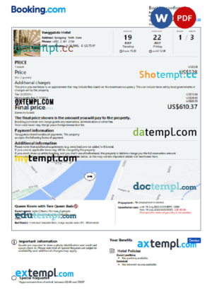 editable template, North Korea hotel booking confirmation Word and PDF template, 2 pages