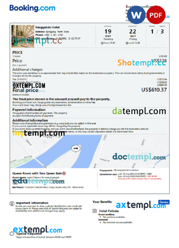 editable template, North Korea hotel booking confirmation Word and PDF template, 2 pages