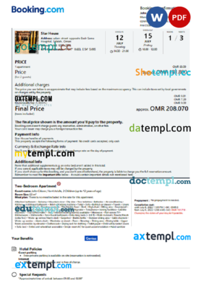 editable template, Oman hotel booking confirmation Word and PDF template, 2 pages