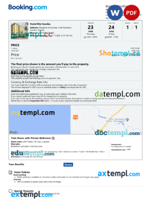editable template, Angola hotel booking confirmation Word and PDF template, 2 pages