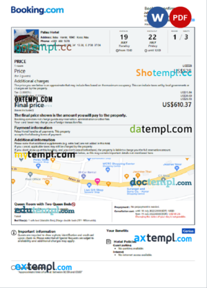editable template, Palau hotel booking confirmation Word and PDF template, 2 pages