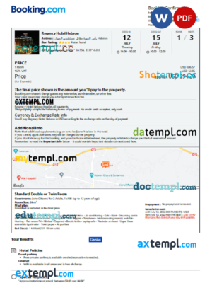 editable template, Palestine hotel booking confirmation Word and PDF template, 2 pages