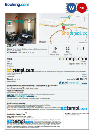 editable template, Paraguay hotel booking confirmation Word and PDF template, 2 pages