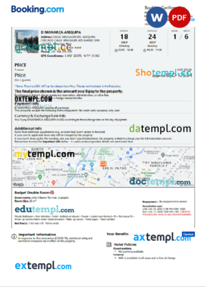 editable template, Peru hotel booking confirmation Word and PDF template, 2 pages