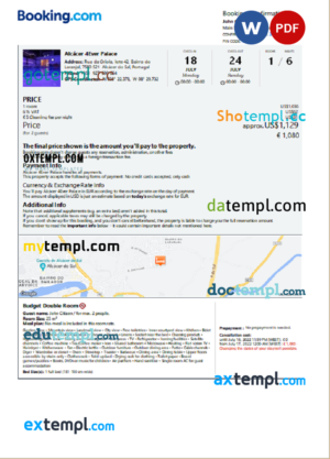 editable template, Portugal hotel booking confirmation Word and PDF template, 2 pages