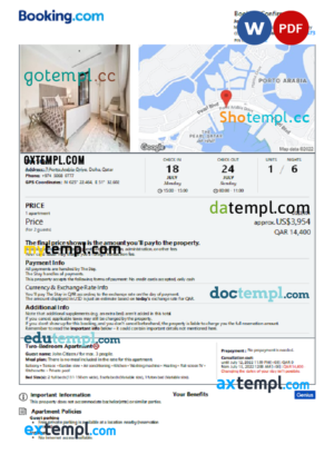 editable template, Qatar hotel booking confirmation Word and PDF template, 2 pages