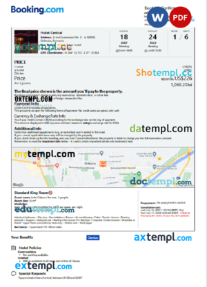 editable template, Romania hotel booking confirmation Word and PDF template, 2 pages