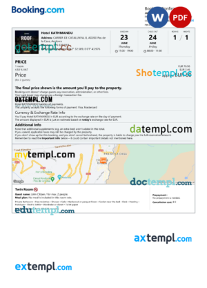 editable template, Andorra hotel booking confirmation Word and PDF template, 2 pages