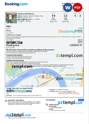 editable template, Russia hotel booking confirmation Word and PDF template, 2 pages