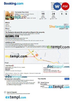 editable template, Rwanda hotel booking confirmation Word and PDF template, 2 pages