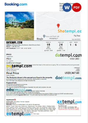 editable template, Saint Kitts and Nevis hotel booking confirmation Word and PDF template, 2 pages