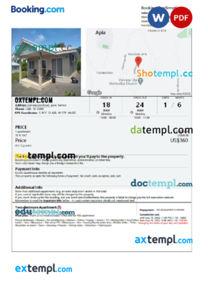 editable template, Samoa hotel booking confirmation Word and PDF template, 2 pages