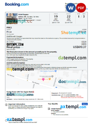 editable template, San Marino hotel booking confirmation Word and PDF template, 2 pages