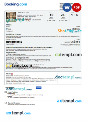 editable template, Saudi Arabia hotel booking confirmation Word and PDF template, 2 pages