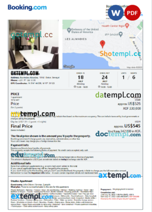 editable template, Senegal hotel booking confirmation Word and PDF template, 2 pages
