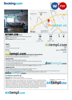 editable template, Serbia hotel booking confirmation Word and PDF template, 2 pages