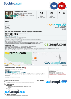 editable template, Seychelles hotel booking confirmation Word and PDF template, 2 pages