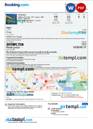 editable template, Singapore hotel booking confirmation Word and PDF template, 2 pages