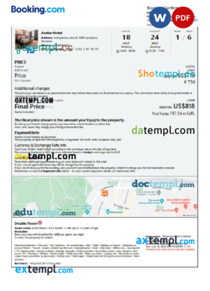 editable template, Slovenia hotel booking confirmation Word and PDF template, 2 pages
