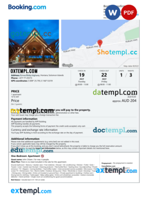 editable template, Solomon Islands hotel booking confirmation Word and PDF template, 2 pages