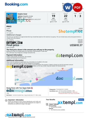 editable template, Somalia hotel booking confirmation Word and PDF template, 2 pages