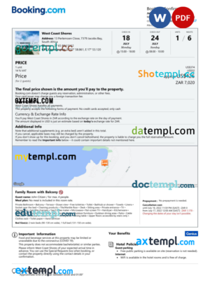 editable template, South Africa hotel booking confirmation Word and PDF template, 2 pages