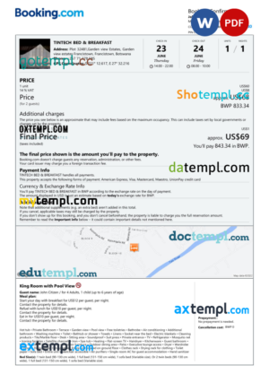 editable template, Botswana hotel booking confirmation Word and PDF template, 2 pages