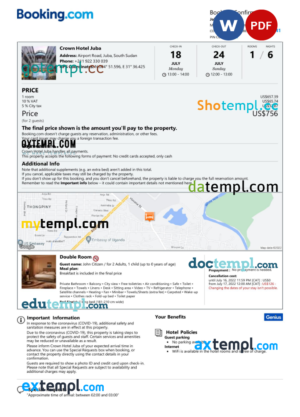 editable template, South Sudan hotel booking confirmation Word and PDF template, 2 pages