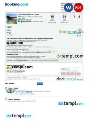editable template, Spain hotel booking confirmation Word and PDF template, 2 pages