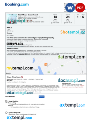 editable template, Sri Lanka hotel booking confirmation Word and PDF template, 2 pages