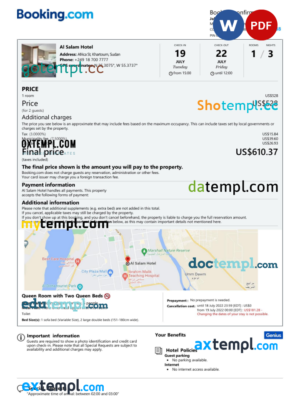 editable template, Sudan hotel booking confirmation Word and PDF template, 2 pages