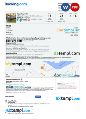 editable template, Sweden hotel booking confirmation Word and PDF template, 2 pages