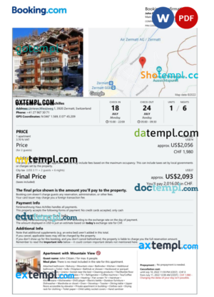 editable template, Switzerland hotel booking confirmation Word and PDF template, 2 pages