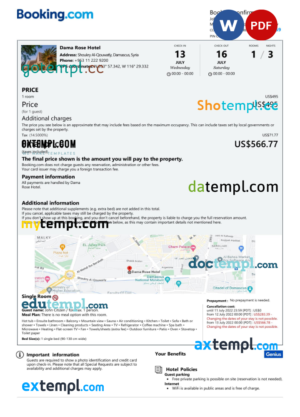 editable template, Syria hotel booking confirmation Word and PDF template, 2 pages