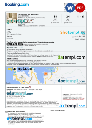 editable template, Taiwan hotel booking confirmation Word and PDF template, 2 pages