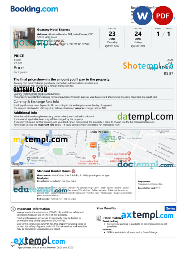 editable template, Brazil hotel booking confirmation Word and PDF template, 2 pages