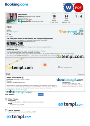 editable template, Tanzania hotel booking confirmation Word and PDF template, 2 pages