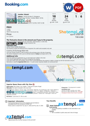 editable template, Thailand hotel booking confirmation Word and PDF template, 2 pages