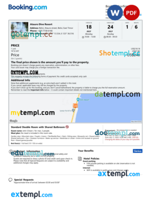 editable template, Timor-Leste hotel booking confirmation Word and PDF template, 2 pages