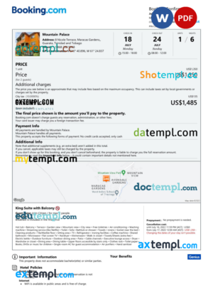 editable template, Trinidad and Tobago hotel booking confirmation Word and PDF template, 2 pages