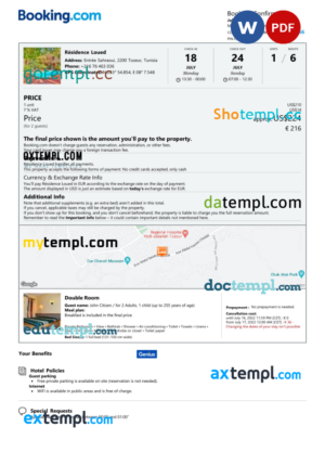editable template, Tunisia hotel booking confirmation Word and PDF template, 2 pages