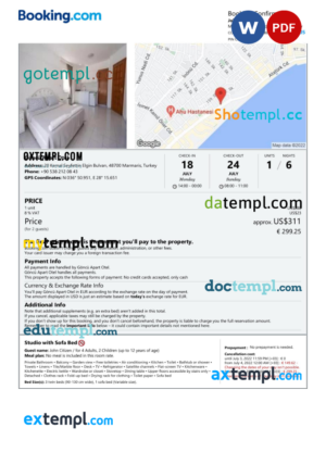 editable template, Turkey hotel booking confirmation Word and PDF template, 2 pages